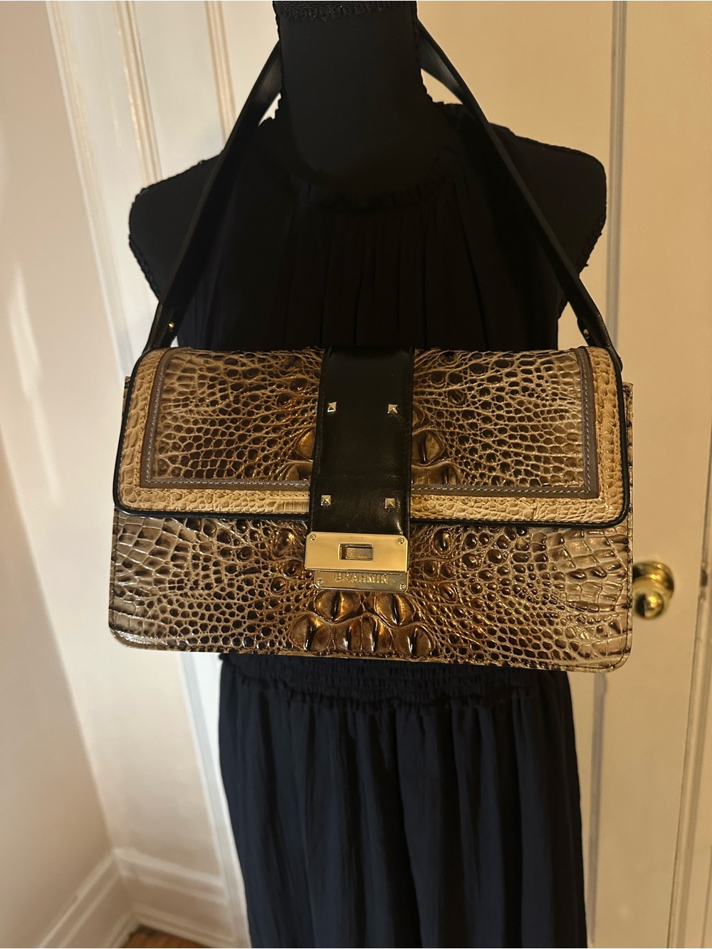 Brahmin Brown Croc-Embossed Leather Shoulder Bag with Black Strap